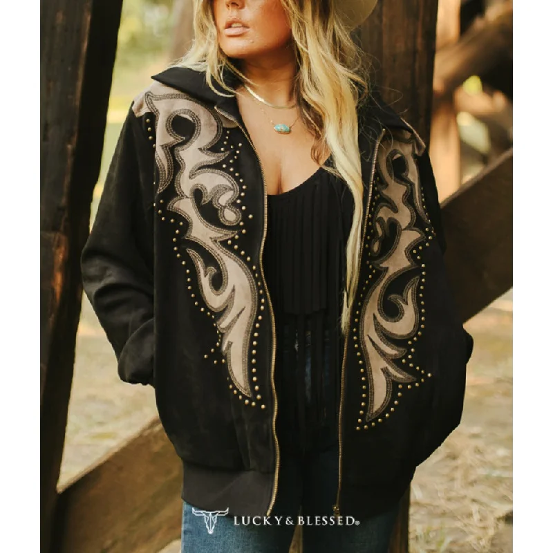 American Style Lucky & Blessed Womens Boot Stitch Bomber Jacket - JO195-BLK
