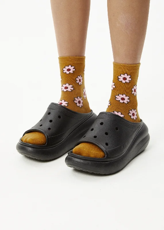 Fashion And Simplicity AFENDS Unisex Flower - Crew Socks - Mustard