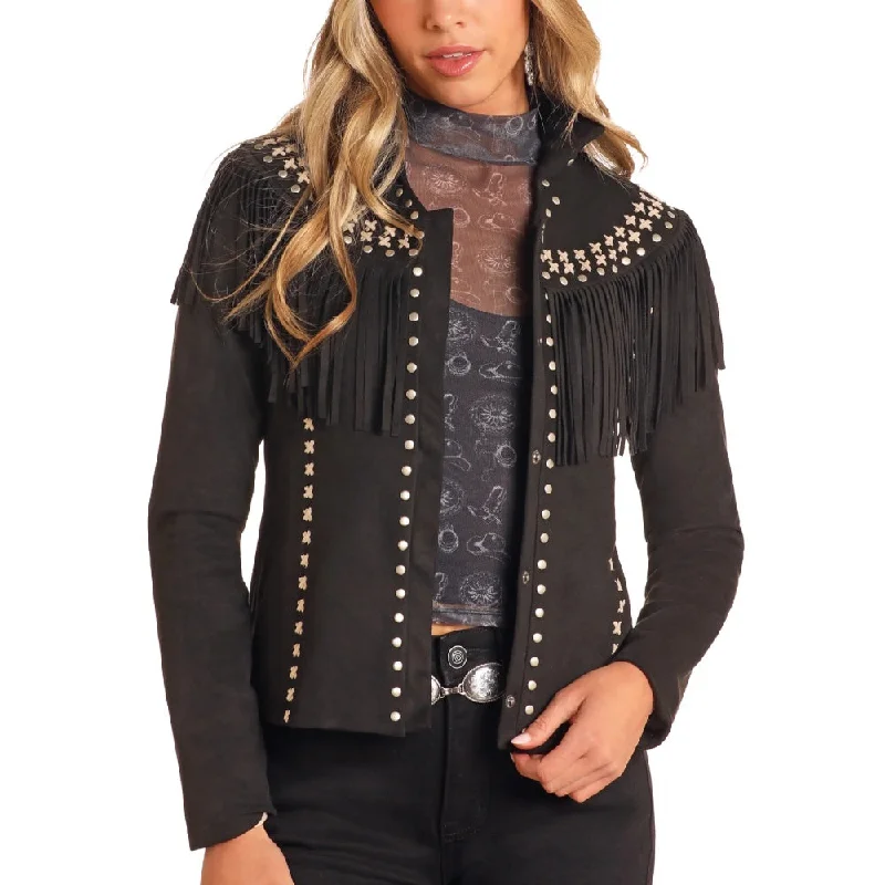 Fashion Wear Powder River Womens Black Suede Fringe Jacket - DW92C04156-01