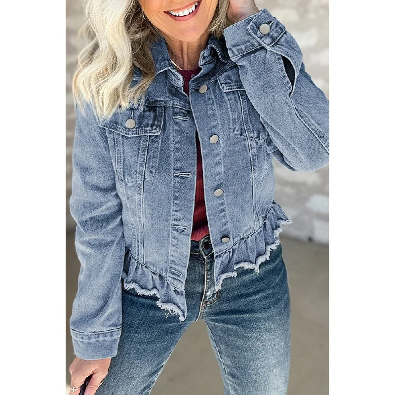 Comfortable Fashion Sugar & Lace Womens Ruffle Raw Hem Flap Pockets Denim Jacket - SL788633-P804