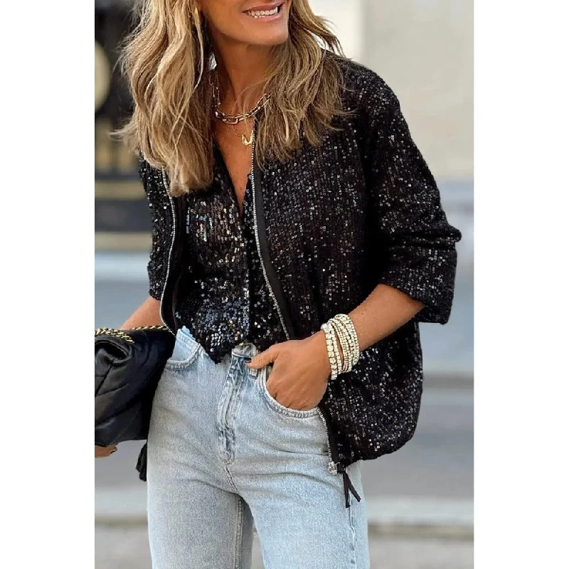 Creative Prints Sugar & Lace Womens Black Sequin Zip up Jacket - SL8513330-P2