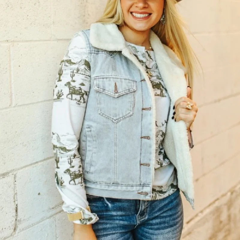 Fashionable In The Times Sugar & Lace Womens Light Wash Denim Vest - SLJO159-LGTW