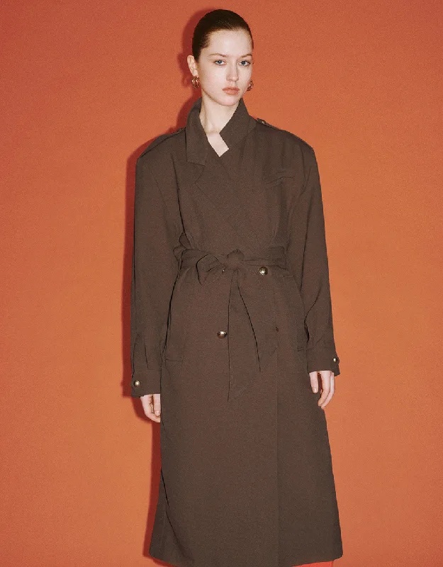 Round neck design Notch Lapel Trench Coat With Belt