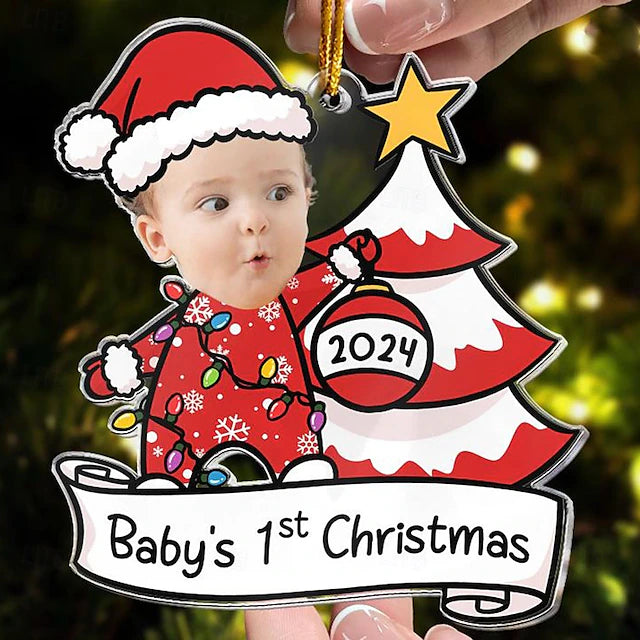Extra long version Custom Baby Face Acrylic Christmas Ornaments 1st First Christmas Hanging Pendant Gifts