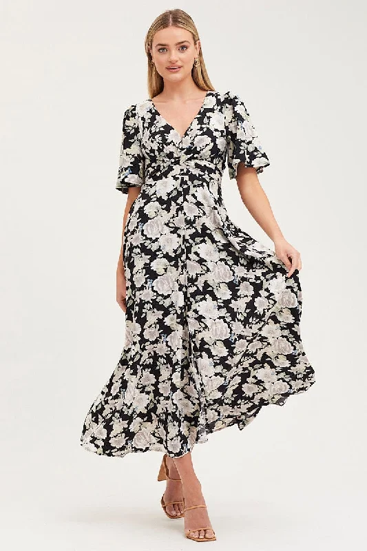 Unique prints Print Dress Short Sleeve Maxi V Neck Polyester