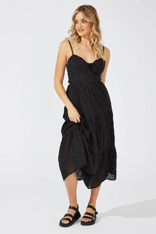Layered Comfort Black Midi Dress Sleeveless Eyelet
