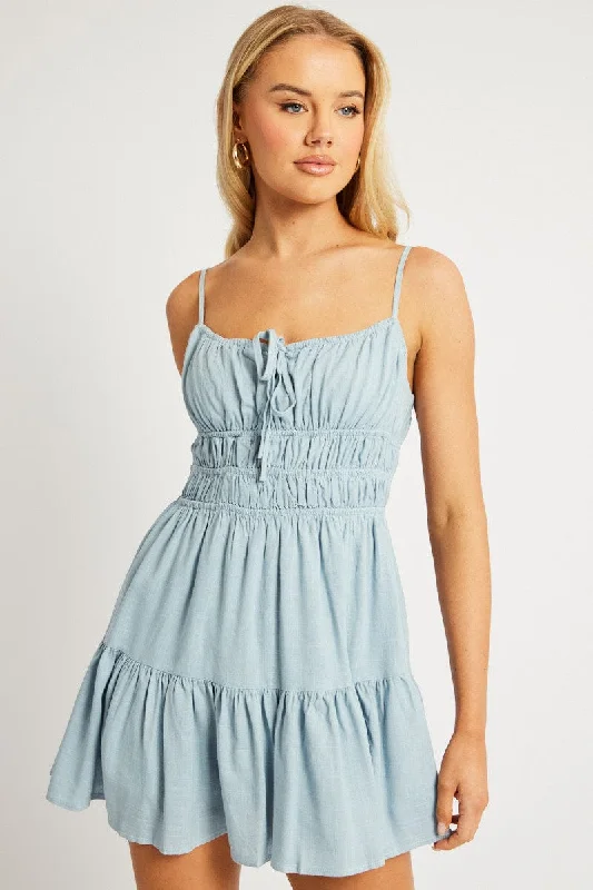 Fashionable And Versatile Blue Fit And Flare Dress Mini