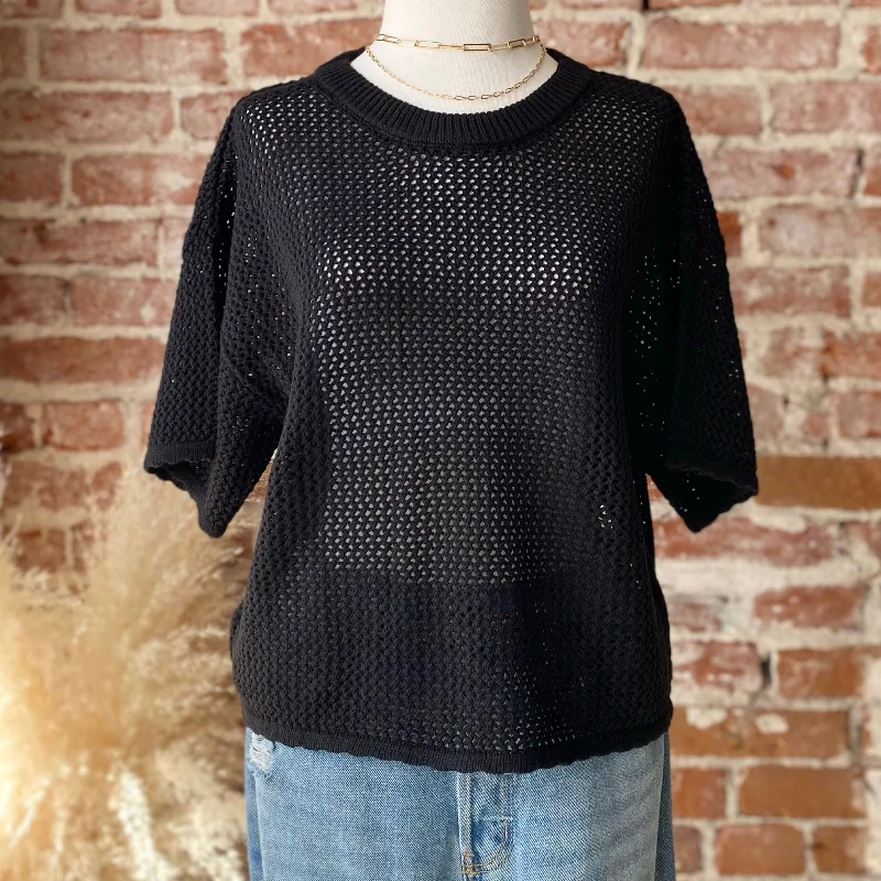 Stand-up collar design Keep Up With The Trends Open Knit Top Black