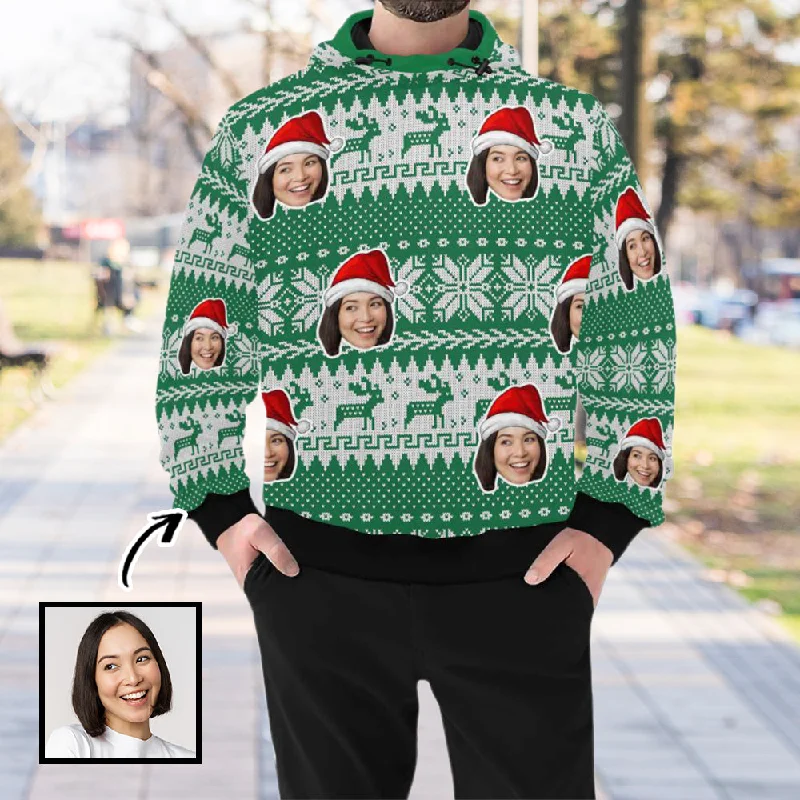 Street Sports Shoes High Neck Pullover Hoodie Custom Face Christmas Green Hoodie for Men