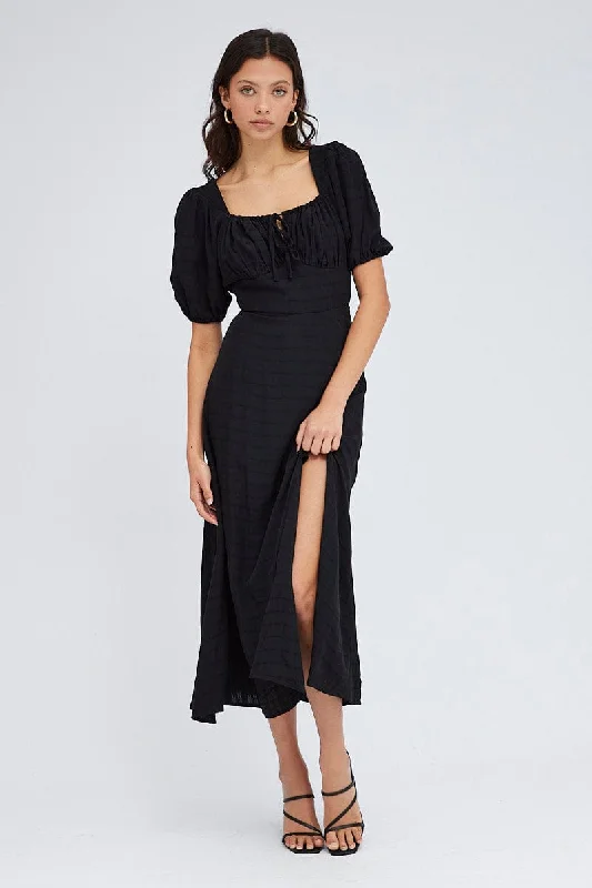 Single-shoulder Neck Design Black Midi Dress Short Sleeve Ruched Bust