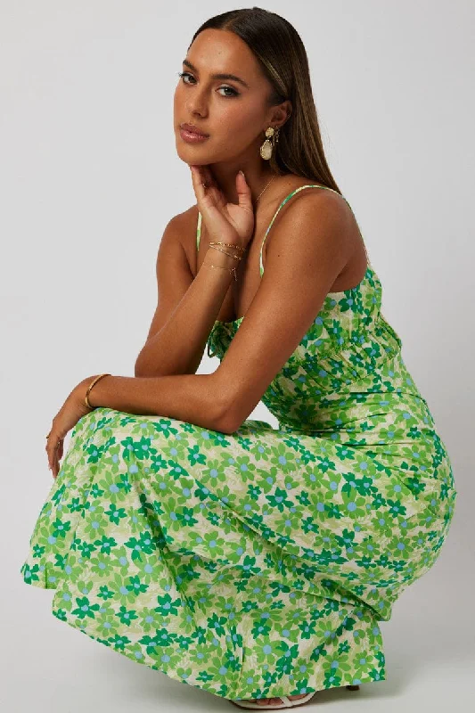 Street Sports Shoes Green Ditsy Maxi Dress Strappy