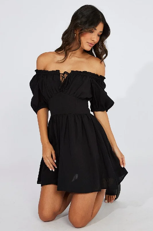 High Street Fashion Black Fit And Flare Dress Corset Waist Mini