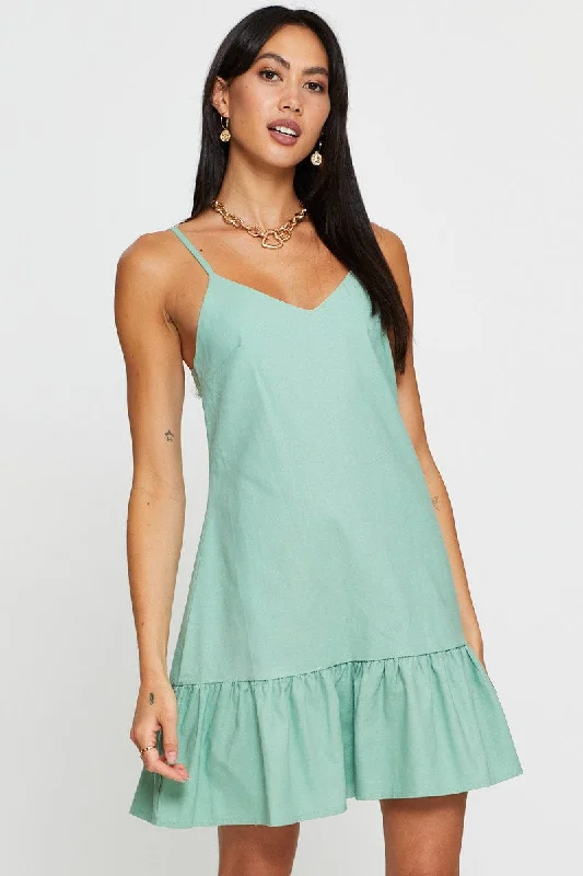 Everyday Style Green A Line Dress Mini V Neck