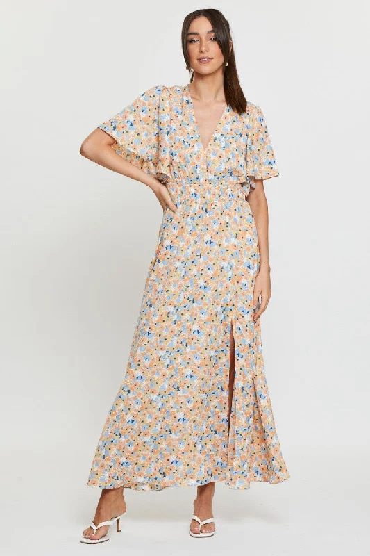 High-end Wear Print Dress Short Sleeve Maxi