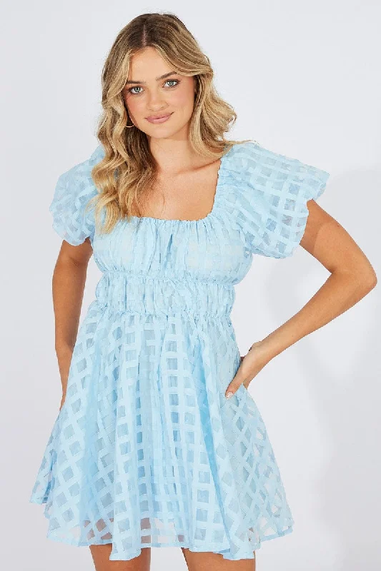 Ultra-lightweight Blue Fit And Flare Dress Puff Sleeve Mini
