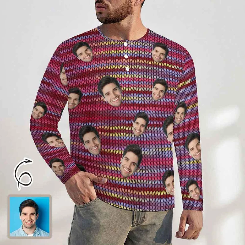 Luxury Fashion Men's Long-Sleeve Henley Shirt Custom Face Stripes Slim-Fit Cotton T-Shirt Tee Top