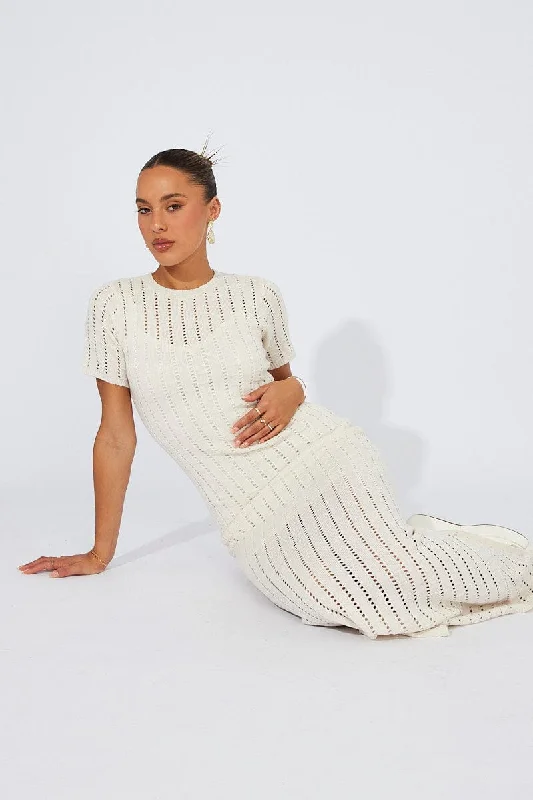 Exquisite Craftsmanship White Knit Maxi Dress Crochet Short Sleeve