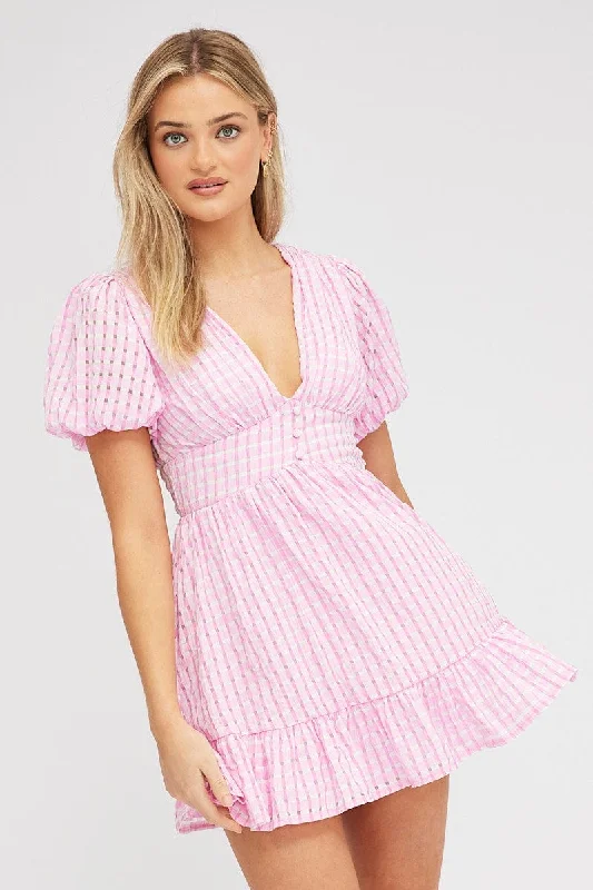 Playful Style Pink Fit And Flare Dress Puff Sleeve Mini