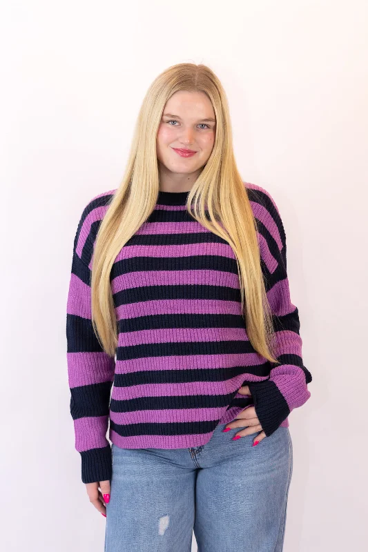 Exquisite Embroidery Wyatt Striped Sweater | Navy/Purple