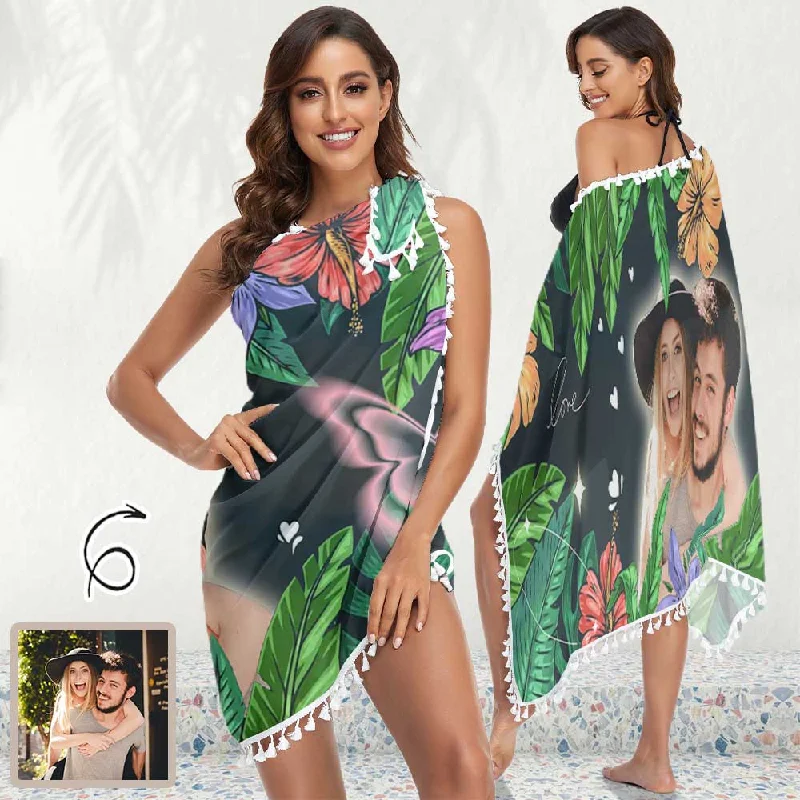Printed pattern Custom Face Green Leaves Red Flowers Beach Wraps Chiffon Sarong Bikini Swimsuit Cover Ups Skirt Tassels