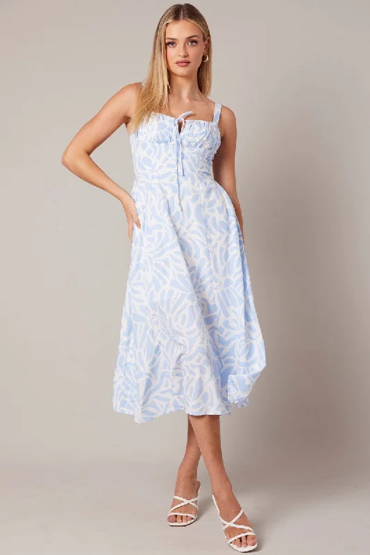 Classic Choice Blue Print Midi Dress Gathered Bust Midi