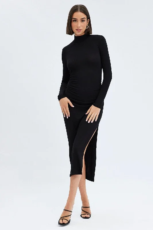 Fun and cute Black Midi Dress Long Sleeve High Neck Rib Jersey