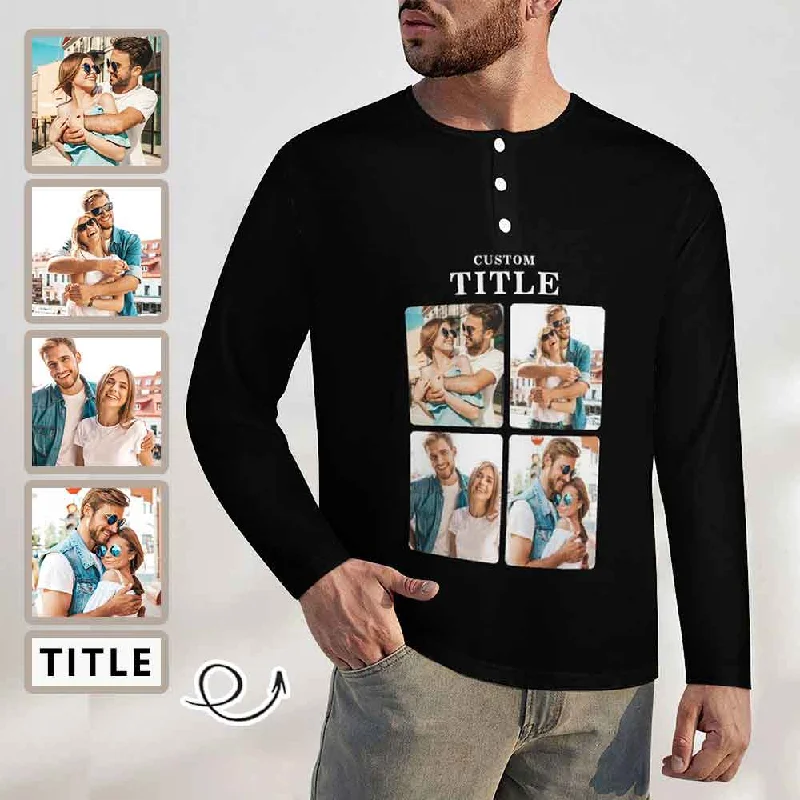 Elegant Design Men's Long-Sleeve Henley Shirt Custom Your Photo&Text Slim-Fit Cotton T-Shirt Tee Top