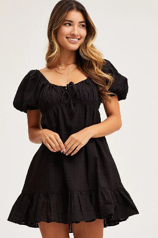 Comfortable Mind Black Skater Dress Short Sleeve Mini