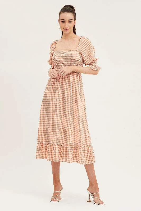 Romantic Data Check Shirred Bust Midi Dress