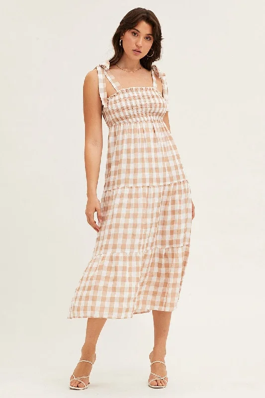 Fresh And Capable Check Tied Shoulder Midi Dress