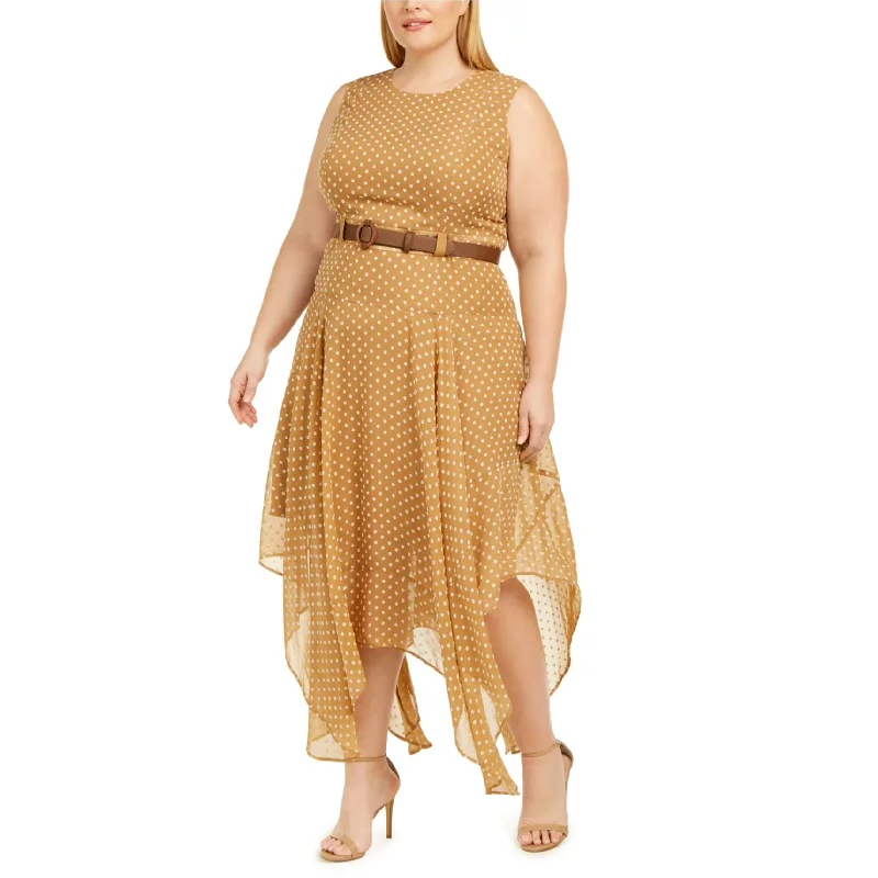 Cozy Vibes Calvin Klein Womens Textured Polka Dot Fit & Flare Dress, Beige, 20W