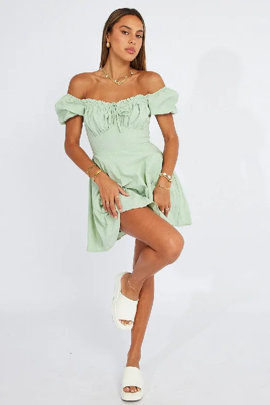Trendy Comfort Green Fit And Flare Dress Puff Sleeve Mini