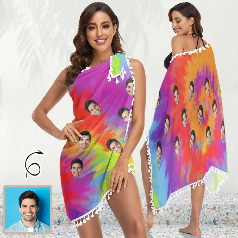 Alice style Custom Face Rainbow Beach Wraps Chiffon Sarong Bikini Swimsuit Cover Ups Skirt Tassels