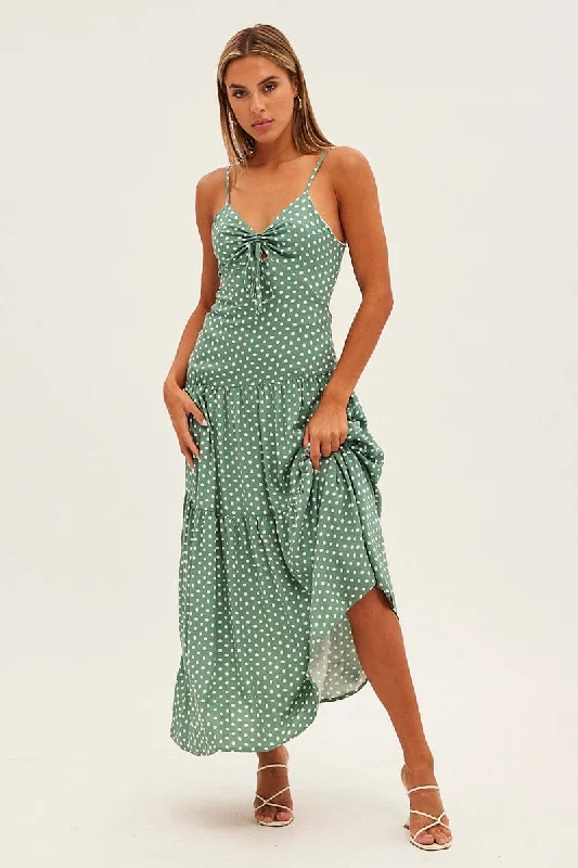 Soft Clothing Print Polka Dot Maxi Dress Sleeveless Tie Front Tiered Polka Dot