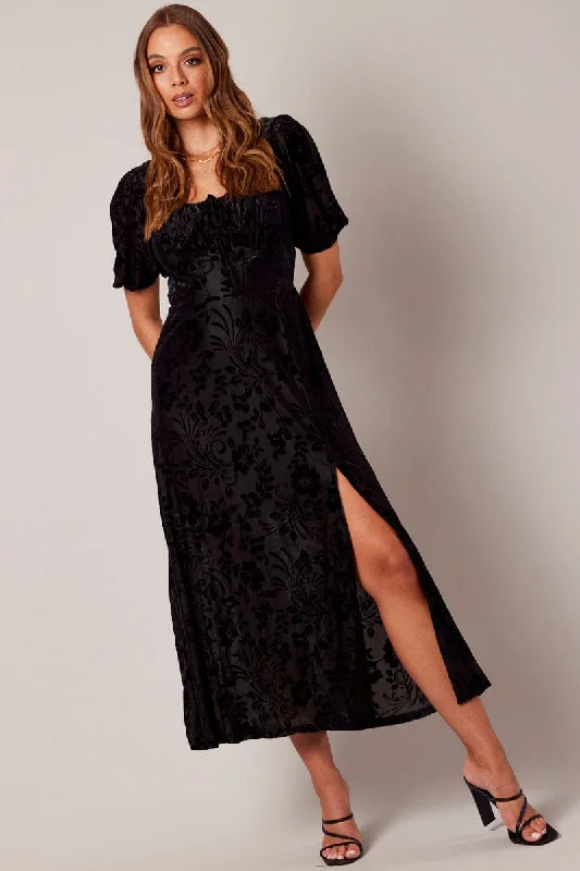 Floral Prints Black Midi Dress Short Sleeve Side Split