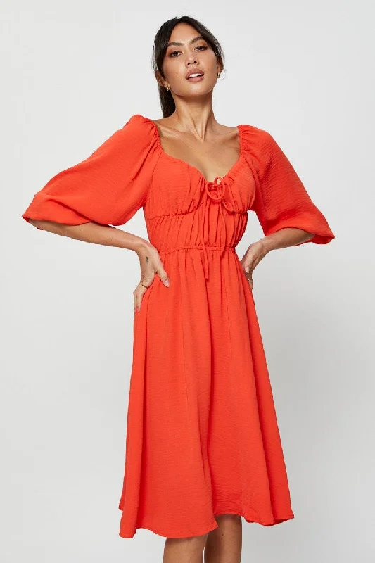 French Style Red Midi Dress Short Sleeve Sweetheart Neckline