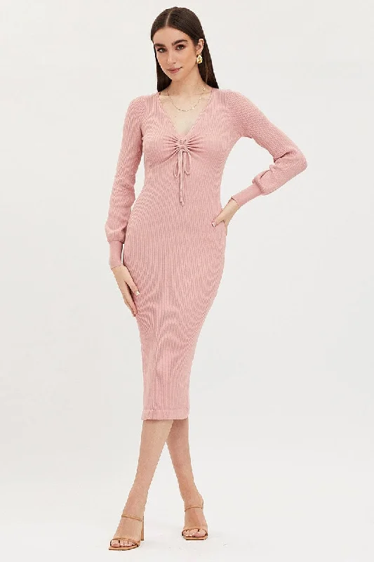 Practical Style Pink Knit Dress Evening Midi