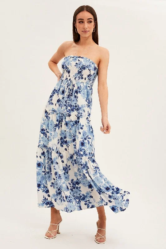 Trendy and versatile Blue Floral Maxi Dress Shirred Bust Strapless