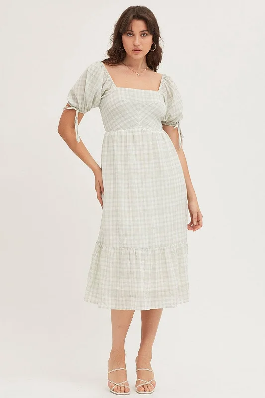 Must-have For Autumn And Winter Check Midi Dress Short Sleeve Evening