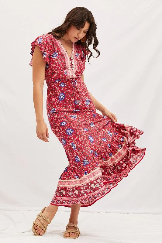 Goddess Outfit Boho Print V-Neck Short Sleeve Maxi Dress