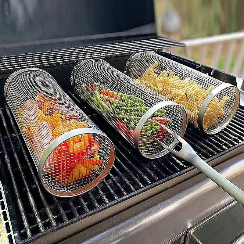Classic Retro BBQ Basket Stainless Steel Rolling Grilling Basket Wire Mesh Cylinder Grill Basket Portable Round Outdoor Camping Barbecue Rack
