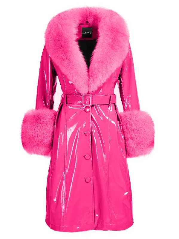 Retro Design Faux Fur Patent Leather Coat in Fuchsia