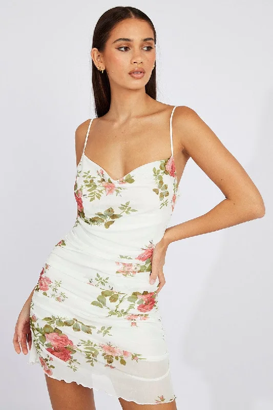 Carefree White Floral Bodycon Dress Ruffle Mesh