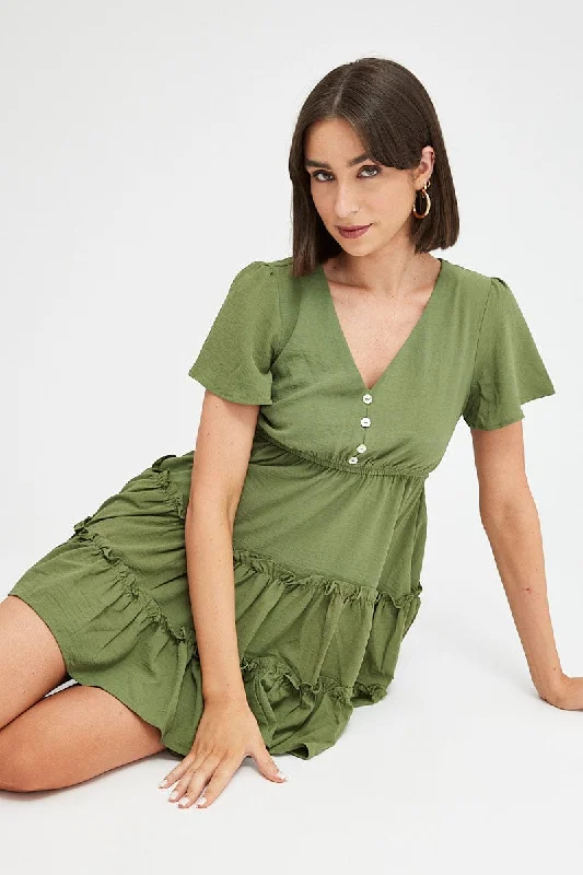 Elegant Series Green Fit And Flare Dress Short Sleeve Mini