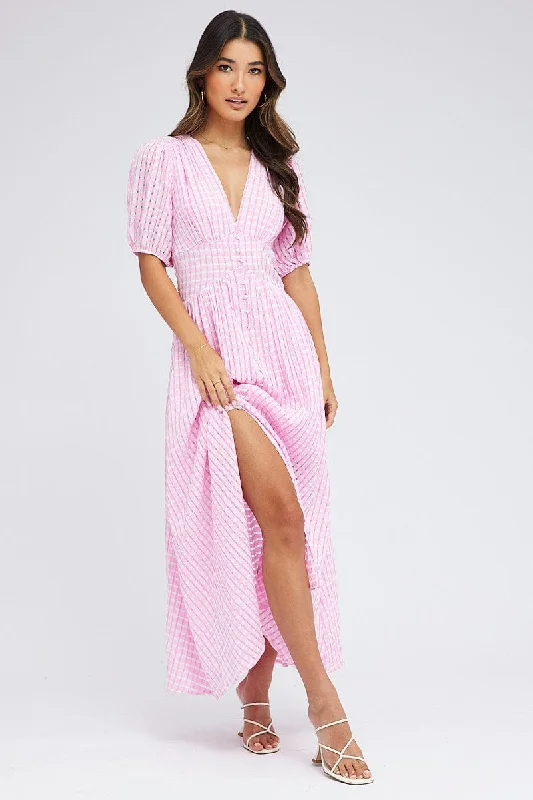 Simple Elegance Purple Check Midi Dress Puff Sleeve