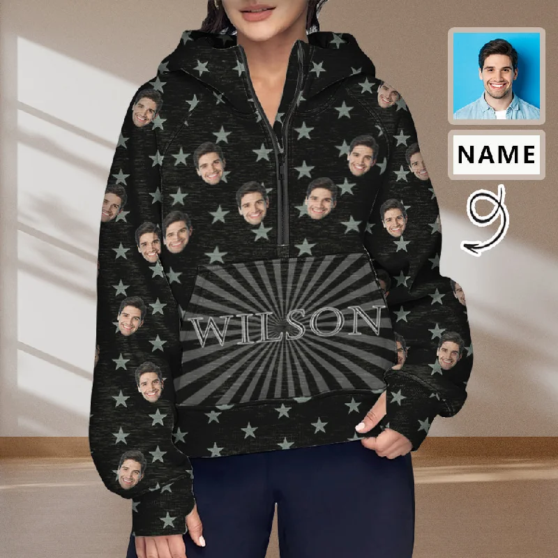 Simple Comfort Women's Half Zip Cropped Hoodies Custom Face&Name Fleece Athletic Pullover Hoodies with Pockets Thumb Hole