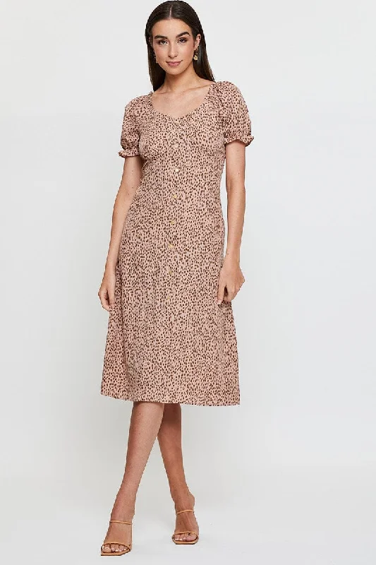 Breathable Comfort Print Maxi Dress Short Sleeve Square Neck