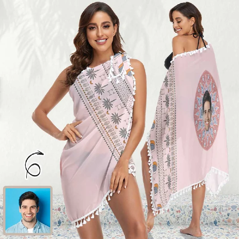 High waist design Custom Face Pink Beach Wraps Chiffon Sarong Bikini Swimsuit Cover Ups Skirt Tassels