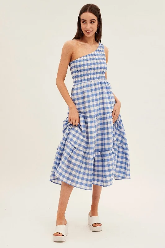 Simple Solid Color Blue Check Midi Dress One Shoulder Shirred