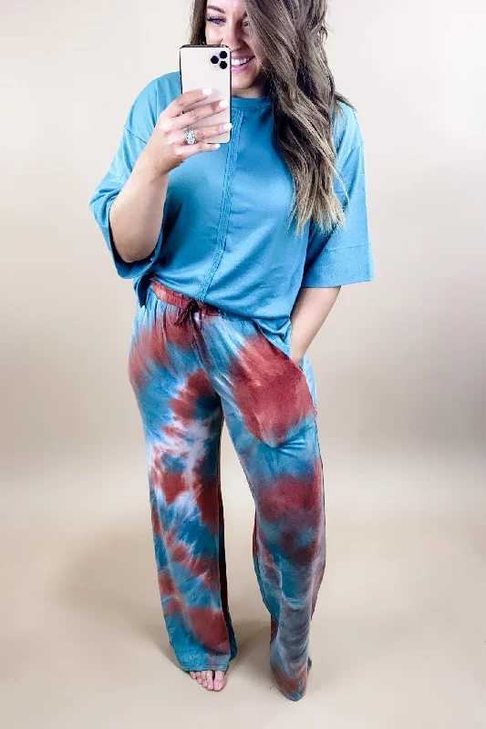 Extra long version Changing Plans- Blue & Rust Tie Dye Lounge Pants - SMALL